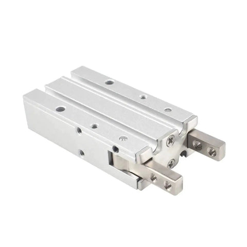 Side view of silver aluminum pneumatic finger cylinder HFY6 with dual gripping fingers and mounting holes