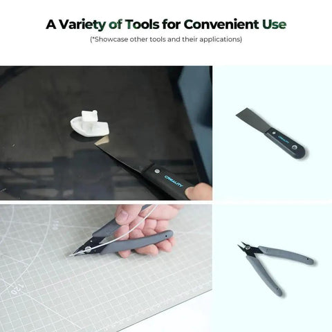 Ultimate 74 Piece 3D Printer Tools Kit For Disassembly Assembly Finishing Filament Cutting And Nozzle Cleaning For All FDM Printers Creality Compatible shown with tools in use on a cutting mat.