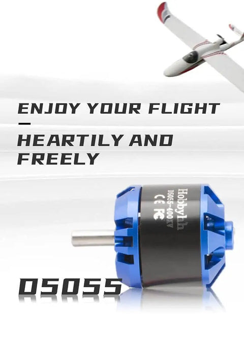 RC Brushless Motor 5055-400KV 1420W High Efficiency With 4.0mm Banana Plug, Balanced Rotor, next to a flying RC plane.