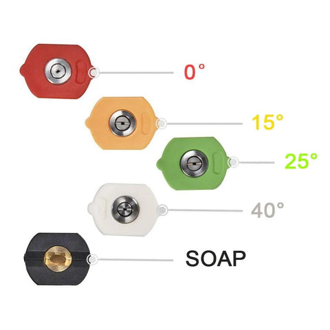 Twinkle Star 1/4 in pressure washer nozzle tips set with 0°, 15°, 25°, 40°, SOAP; red, orange, green, white, black
