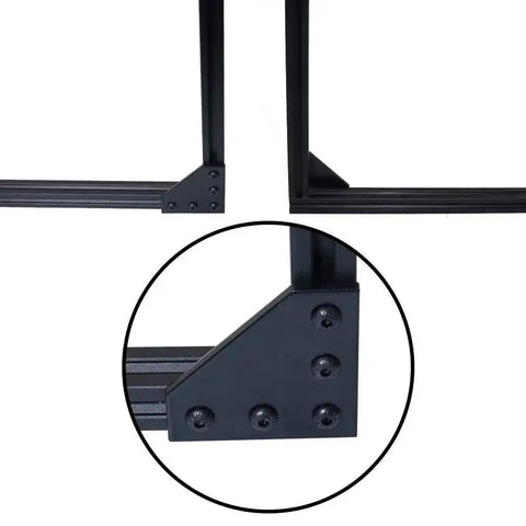 Close-up of 10 Piece L Shape Corner Brackets For 20x20 Aluminum Profiles 60x60x4mm showing installation on black anodized frame.
