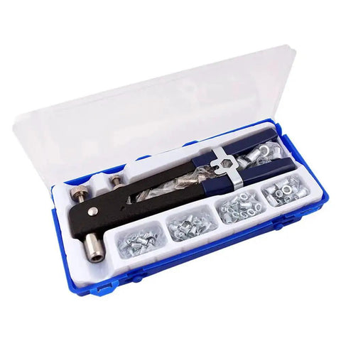 86 Piece Rivet Nut Tool Kit Hand Riveter Set With M3 M4 M5 M6 M8 Threaded Rivet Nuts And Mandrel Heavy Duty Drop Forged Steel Body Anti Slip Handle Pro Grade For Cars Machinery Trailers Furniture And Boats in open blue case showing tool and nuts.