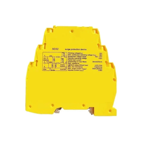Surge Protection Device SD32 32V 250mA DIN Rail Control Circuit Protector for industrial equipment, yellow casing, rear view