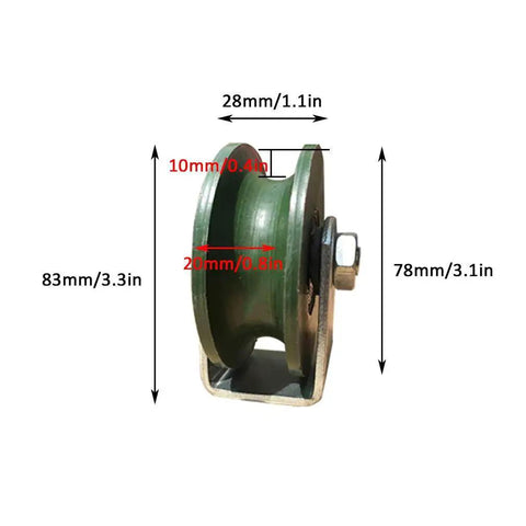 Side view of U Type Groove Wheel For Sliding Doors with measurements, cast iron construction, suitable for round tubes, 300kg load capacity.
