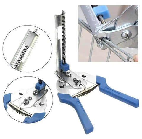 Nail Ring Pliers Kit With Stainless Snap Ring Pliers And 1200 Galvanized Nails for hog rings fence chicken coop poultry wire mesh garden cages, showing blue-handled pliers with nails and installation.