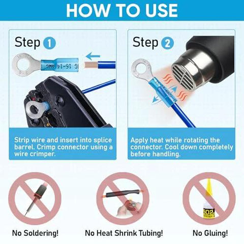 TICONN 120Pcs heat shrink wire connectors kit infographic illustrating strip and crimp, then heat-shrink steps.