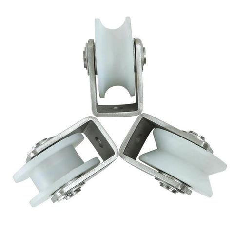 Three Heavy Duty Nylon Sliding Track Pulleys With U Wheeled Design, 304 Stainless Steel Bracket, Carbon Steel Double Bearings