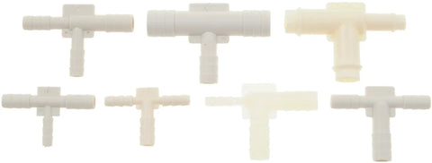 Assorted T connectors from All In One Vacuum Tubing Connector Kit With Universal Fit No Sweat Versatility Includes Assorted Shapes Straight T Y F And L For Quick DIY And Auto Projects Built From Durable Plastic Or Heat Resistant PVC For Long Life Multiple Sizes Dorman 47328.