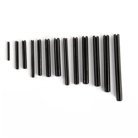 Assorted Slotted Spring Dowel Pins Kit, 450 Piece Set, arranged in various sizes, made of durable spring steel with black oxide finish.
