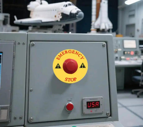 Emergency Stop Ring Replacement Button Cover for Push Button Switches installed on control panel, yellow plastic safety ring, industrial use