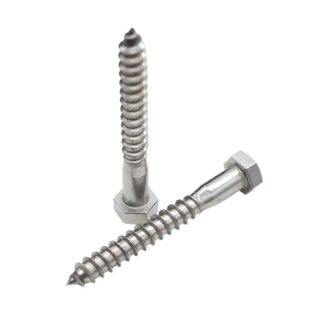 Beefy Stainless Steel Lag Screws With Washers And Gaskets Included Ten Pack Hex Head Bolts Three Eighths Inch By Three Inches Heavy Duty Lag Bolts For Decks And Timber Corrosion Resistant Fasteners showing close-up of hex head and threading.