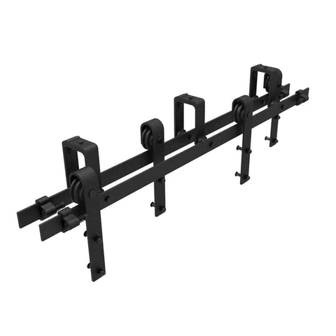 Heavy Duty Bypass Sliding Barn Door Hardware Kit For Low Ceiling Spaces, featuring steel rails and nylon rollers, shown in close-up.