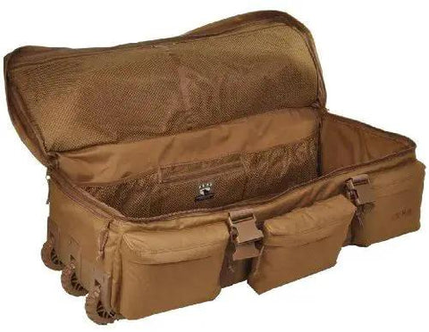 Open view of Expandable Rollin Luggage With Three Wheel System And An Expandable Main Compartment That Adds About 3000 Cubic Inches Of Extra Cargo Space For An X Large Brown Bag Sized 15.5 By 37 By 17 Inches Sandpiper Of California 2038 O C B