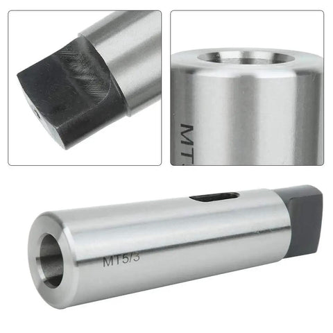 MT5 to MT3 Morse taper reduction sleeve; metal cylindrical adapter shown with bore end and side view.