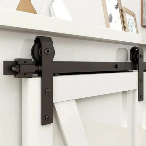 Two And A Half Foot Sliding Barn Door Hardware Kit For Single Door TV Stands And Small Cabinets J Shaped Hanger System with frosted black finish