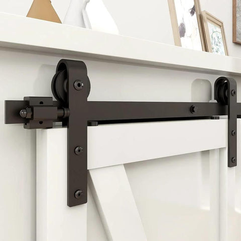 4Ft Sliding Barn Door Hardware Kit For Single Door TV Stands And Small Cabinets With J Shaped Hanger installed on a cabinet.