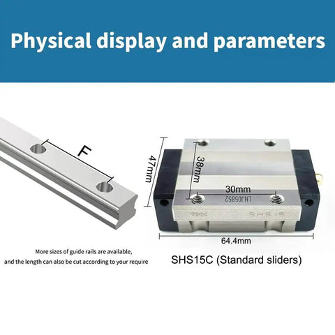 SHS15C Linear Block Guide Slider with dimensions, standard size, precision linear motion, durable metal body, Made in Japan.