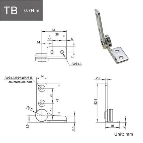 Front and side views of a 304 stainless steel damping hinge with mounting plate and TB 0.7 N·m right-hand torque.