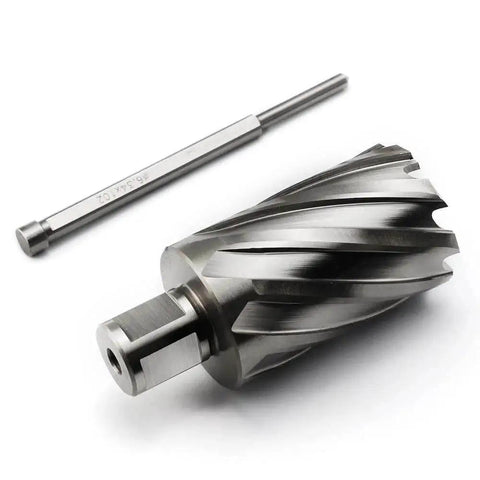 1-1/2 Inch Annular Cutter For Magnetic Drill Press With 2 Inch Cutting Depth And Three Quarter Inch Weldon Shank Two Flats Pilot Pin Pro Grade Heavy Duty Hole Boring Bit For Fast Metal Holes By OSCARBIDE, featuring shiny metallic surface and spiral cutting edges