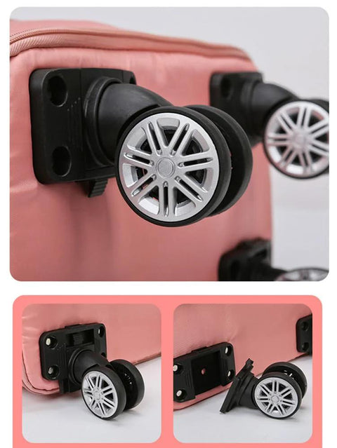 Close-up of detachable wheels on Expandable Travel Tote Bag With Trolley Sleeve And Wheels, Waterproof Oxford Duffel, pink color.
