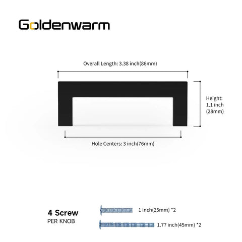 Diagram of 10 Pack 3 Inch Hole Center Solid Black Cabinet Handles showing dimensions and included screws.