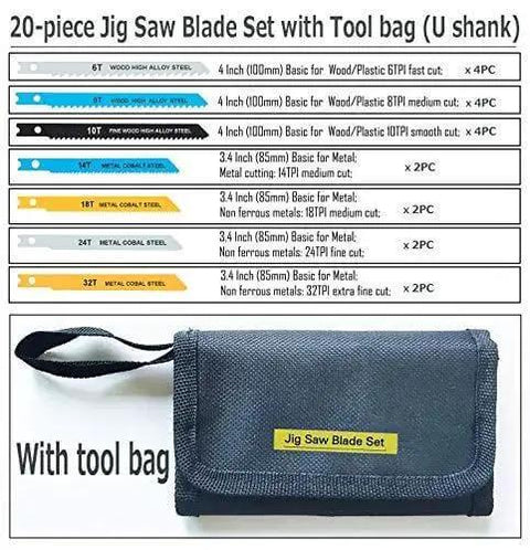 20 Piece Universal Jig Saw Blade Set With Tool Bag For Wood Plastic And Metal Cutting U Shank Compatible With Over 90 Percent Of Jigsaws From Bosch Makita Milwaukee Metabo And More, shown with tool bag and blade specifications