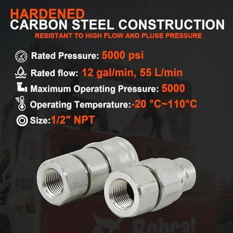 Two hydraulic quick-connect couplers, silver hardened carbon steel, 1/2-in NPT flat-face.