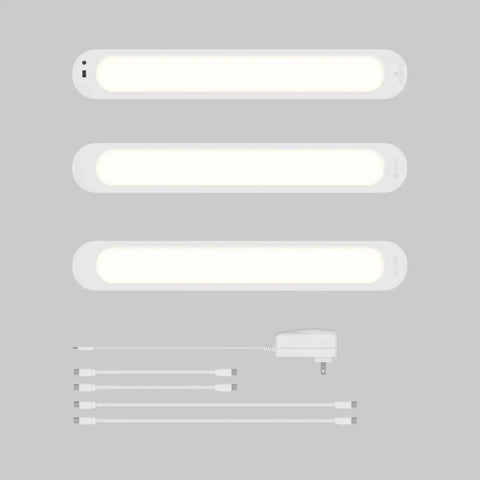 RGB Under Cabinet Lighting Kit With Motion Sensor, 3 ultra thin panels, and plug-in cables on gray background.