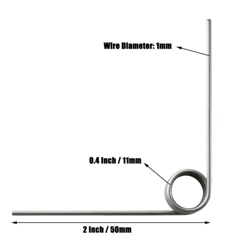 Torsion spring, stainless steel, 1mm wire, 11mm outer diameter, 50mm overall length, 90-degree bend.