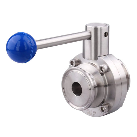Sanitary butterfly valve with pull handle, 3/4 inch tri-clamp, 304 stainless steel, blue knob