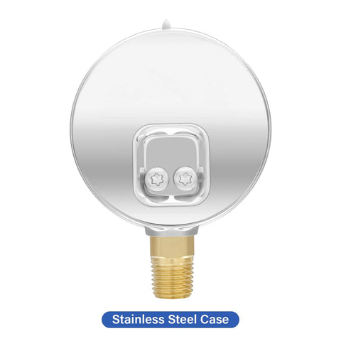 Front view of a round stainless steel pressure gauge with brass threaded outlet, 0-15 PSI.