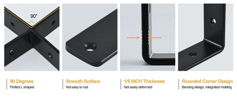 Four Pack L Shaped Shelf Brackets 6 Inch Long by 4 Inch High by 1.5 Inch Wide 5mm Thick Matte Black Iron showing design details