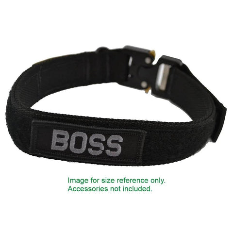 Customizable 3 Inch Wide By 1 Inch Tall Text Patch With Hook Fastener Back Black Not Sew On Ideal For Hats Bags Jackets And Backpacks Personalize Your Name Or Team Message In Bold Uppercase on a black strap