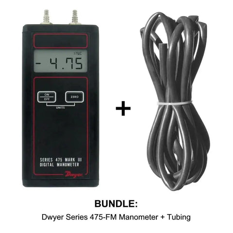 Versatile Handheld Digital Manometer Bundle with Tubing for Air or Natural Gas, Dwyer 475 1 FM, large LCD display, shown with tubing.