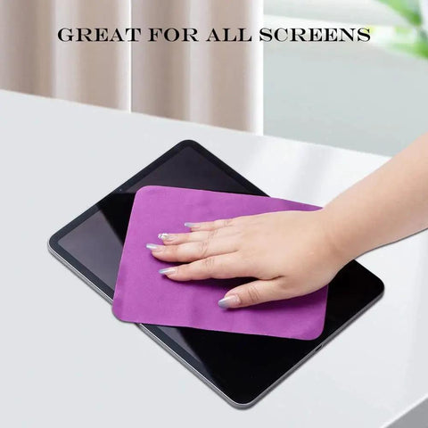 Hand using purple microfiber cloth for cleaning tablet, emphasizing Microfiber Cloths For Glasses And Screens Safe For Coated Lenses 6 Pack 5.7x6.7.
