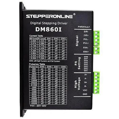 DM860I digital driver for 1 Axis CNC Stepper Motor Kit with Nema 34 8.2Nm torque, displaying connection ports and settings.