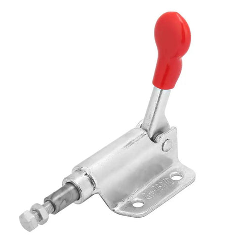 Beefy 10mm Push Pull Quick Release Toggle Clamp, Heavy Duty 60kg Capacity with red handle and galvanized iron construction, side view.