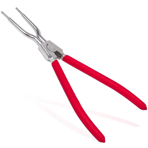 Front view of red-handled washing machine spring expansion tool for inner/outer springs and door boot seal removal