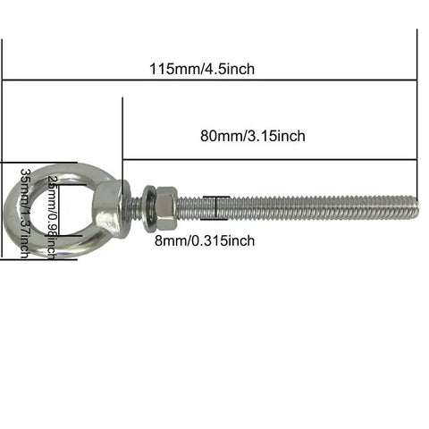 Heavy Duty Stainless Steel Eye Bolt Set, M8 Shoulder Eyebolt, Five Sixteenth Inch By Three Point One Five Inch, Two Pack With Nuts And Washer