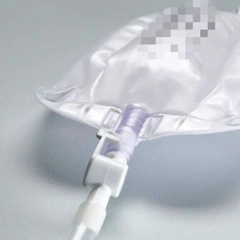 Lifevv Innovative Catheter Valve for urine drainage with lever tap and purple tubing in sterile bag