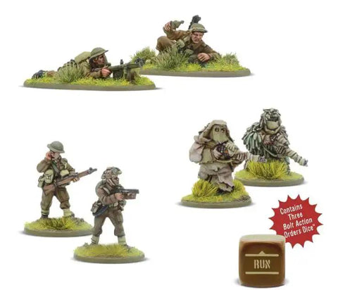 British Army WWII 28mm Bolt Action miniatures: flamethrower, PIAT, sniper teams in ghillie suits; includes order dice.