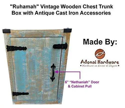 Ruhamah vintage chest with Antique Cast Iron Cabinet Pulls 6.1 Inches Matte Black mounted; Adonai Hardware branding visible.