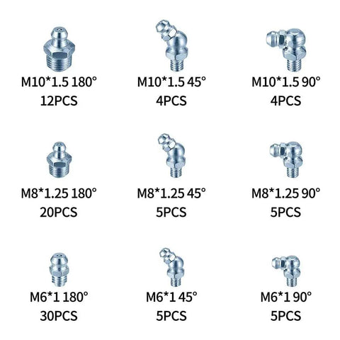 Nine types of fittings from 90 Piece Grease Fitting Assortment Kit M6 M8 M10 45 90 180 Degree Zerk Fittings Set with Storage Box