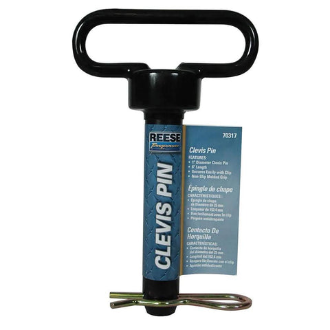 One-Inch Diameter Clevis Pin With Comfort Grip Handle, Heavy-Duty Heat-Treated Grade Eight Steel, Black Powder Coat Finish, Includes Cotter Pin, Lets Connected Parts Rotate Smoothly For Trailer Hitch Assemblies, front view with label