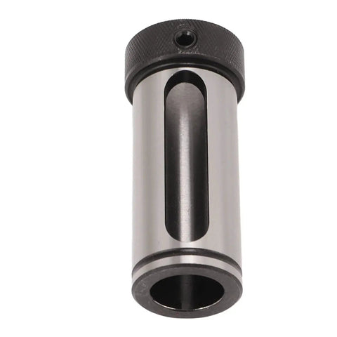 Front view of KANASI Morse taper drill sleeve adapter, steel cylinder with knurled cap and through bore.