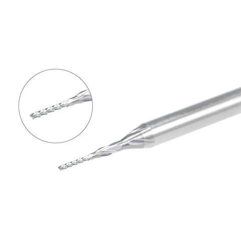 Close-up of Pro Grade 0.6mm Carbide End Mill Set For PCB Engraving And CNC Routing, showing 1/8 inch shank and ultra fine grain cutter.