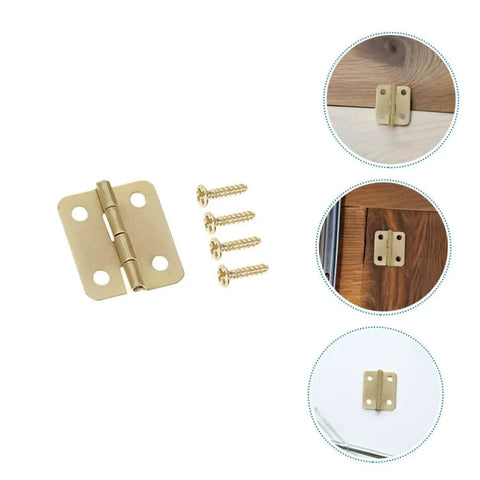 40 Pcs Small Brass Mini Hinges Hardware Kit With Screws for Jewelry Boxes Dollhouses And Wooden Crafts, shown with screws and installed views.