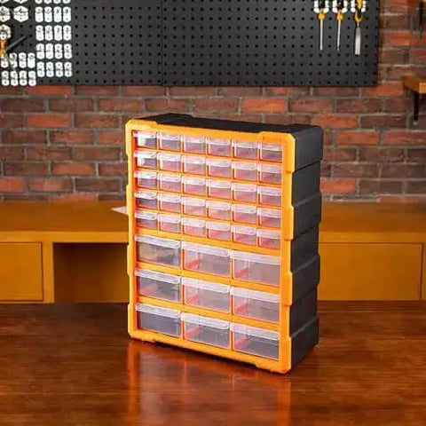Wall Mount Cabinet Organizer With 39 Drawers And Removable Dividers, Doubles Capacity To 78 Compartments For Hardware, Craft Supplies, And Small Parts, DIY Friendly, Black And Orange Plastic Garage Storage System, 15 By 6.3 By 18.6 Inches
