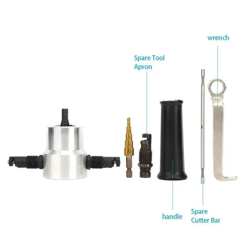 Double Headed Sheet Metal Nibbler For Straight Curve And Circle Cuts with drill bit, handle, wrench, and spare parts, 360 degree adjustment.