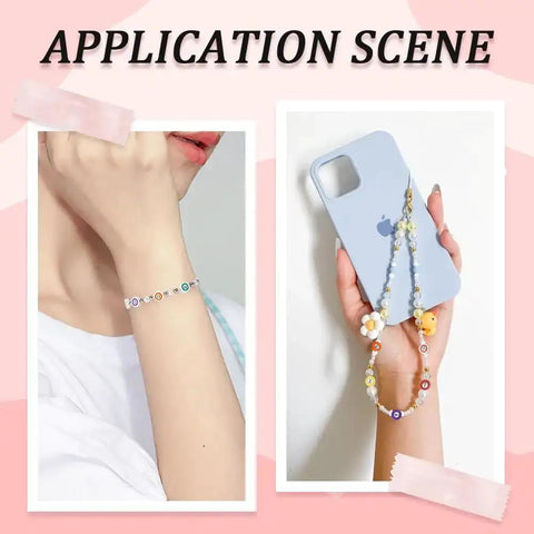 Woman wearing jewelry made with 200 Piece Billiard Ball Print Polymer Clay Beads Set on wrist and phone charm string.
